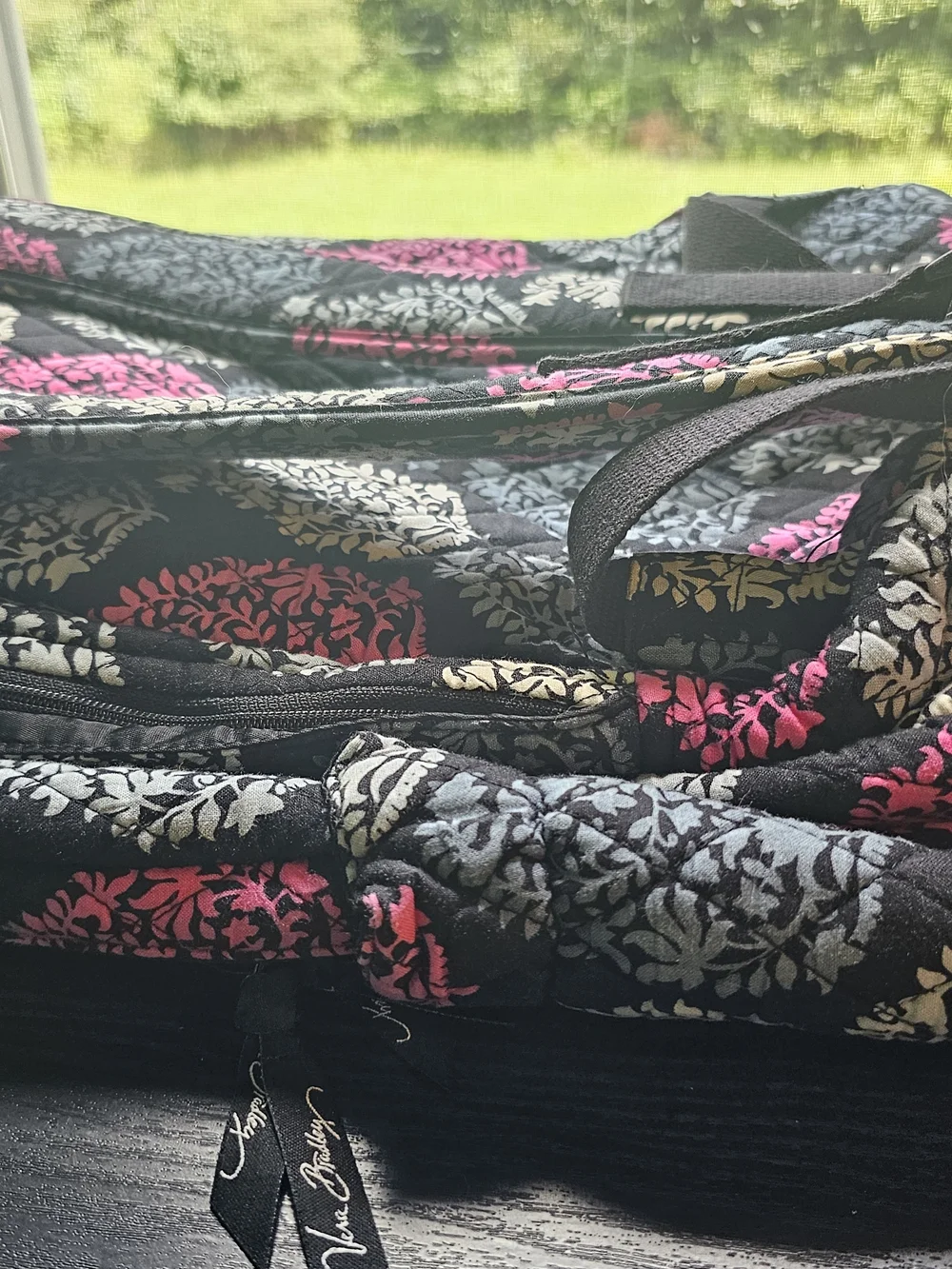 Vera Bradley Black Quilted Backpack with Pink & Gray Leaf Print OS